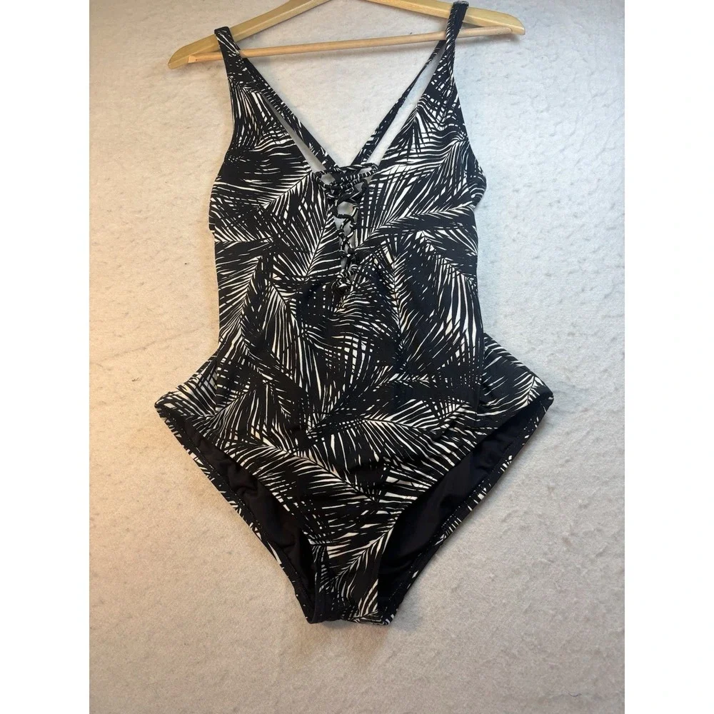Michael Kors 1 Piece Swimsuit Sz 14 Blk/Wht Palm Print Lace Up Front Racer Back